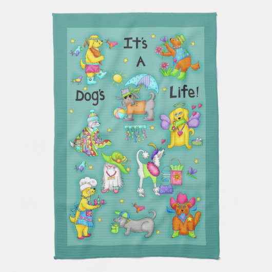 Het is een Dogs Life Whimsy Funny Dogs Blauwgroen  Theedoek (Verticaal)