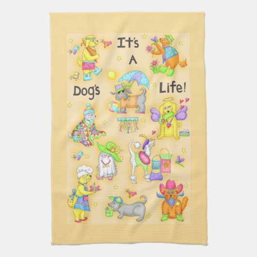 Het is een Dogs Life Whimsy Funny Dogs Yellow Theedoek (Verticaal)