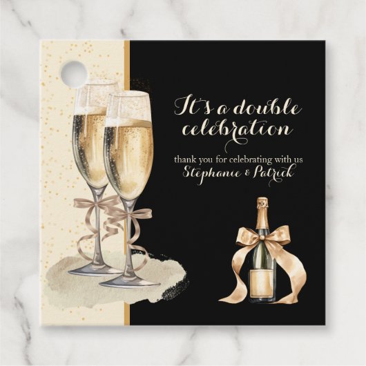Het is een dubbel feest met gouden champagne bedankjes labels (Voorkant)