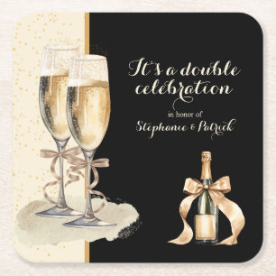 Het is een dubbel feest met gouden champagne kartonnen onderzetters