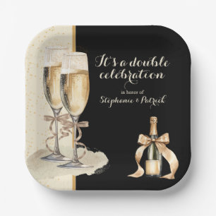 Het is een dubbel feest met gouden champagne papieren bordje