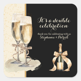 Het is een dubbel feest met gouden champagne vierkante sticker
