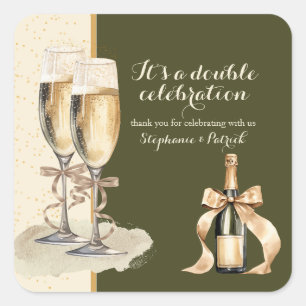 Het is een dubbel feest met gouden champagne vierkante sticker