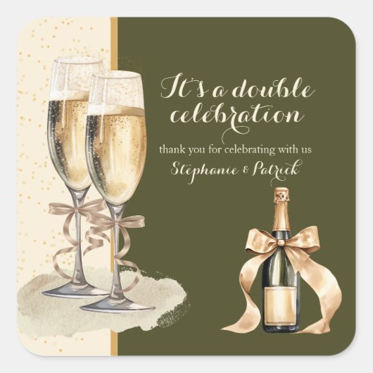 Het is een dubbel feest met gouden champagne vierkante sticker (Voorkant)