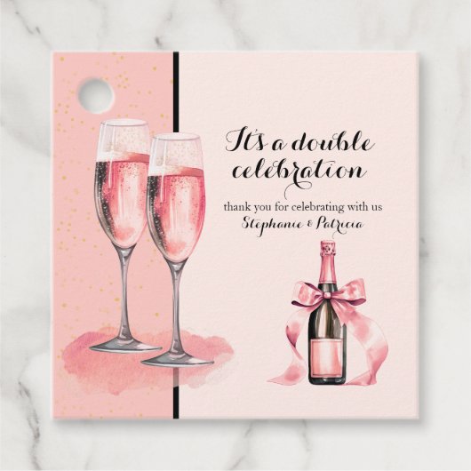 Het is een dubbele viering Roze Champagne Verjaard Bedankjes Labels (Voorkant)