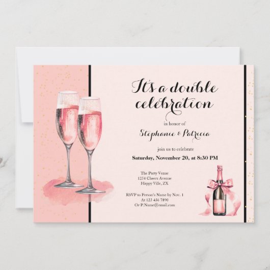 Het is een dubbele viering Roze Champagne Verjaard Kaart (Voorkant)
