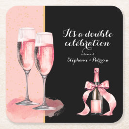 Het is een dubbele viering Roze Champagne Verjaard Kartonnen Onderzetters
