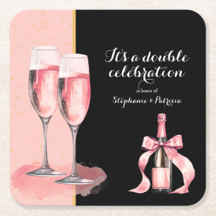 Het is een dubbele viering Roze Champagne Verjaard Kartonnen Onderzetters