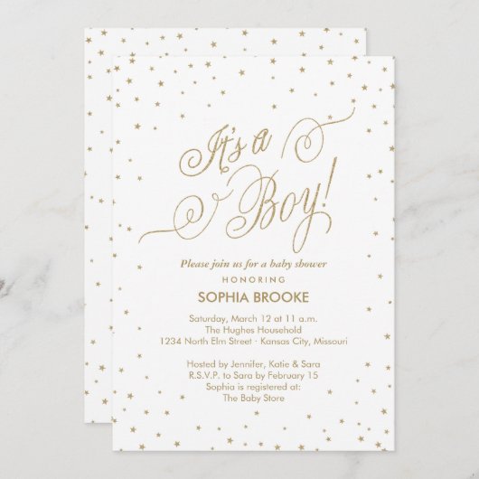 Het is een Fancy Baby shower met gouden sterren. Kaart (Voorkant / Achterkant)