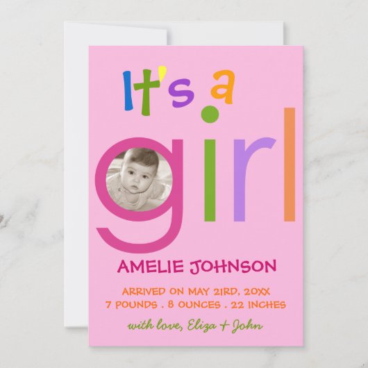 Het is een geboortekaartje voor meisjes aankondiging (Voorkant)