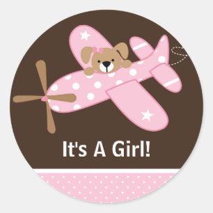 Het is een 'Girl Airplane Baby Birth Announcement' Ronde Sticker