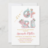 Het is een Girl  Animal Letters Baby shower Invi Kaart (Voorkant)