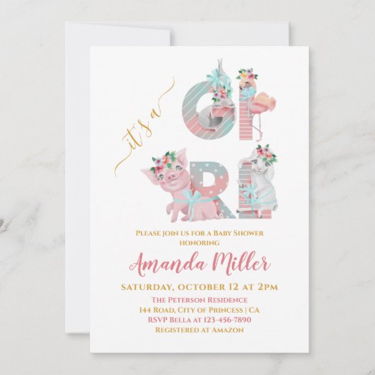 Het is een Girl Animal Letters Baby shower Invi Kaart (Voorkant)