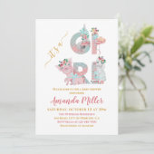 Het is een Girl  Animal Letters Baby shower Invi Kaart (Staand voorkant)