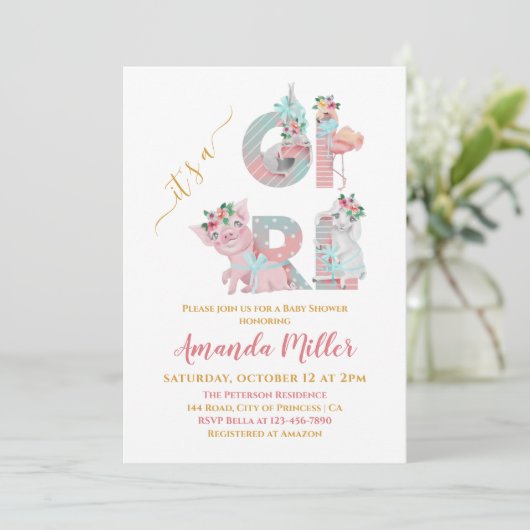 Het is een Girl Animal Letters Baby shower Invi Kaart (Staand voorkant)