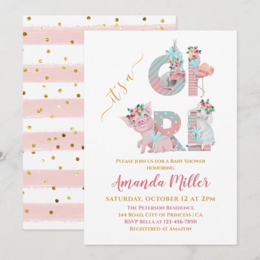 Het is een Girl  Animal Letters Baby shower Invi Kaart (Voorkant / Achterkant)