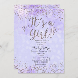 Het is een Girl Baby shower Paars & Silver Invitat Kaart