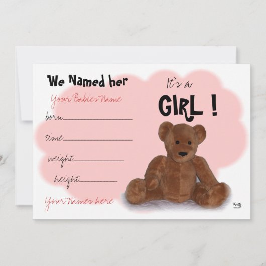 Het is een 'Girl Birth' aankondiging (Voorkant)