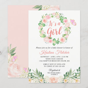 Het is een Girl Blush Peach Floral Garden Baby sho Kaart