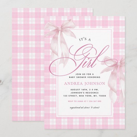 Het is een Girl Bows & Pink Gingham Plaid Baby sho Kaart (Voorkant / Achterkant)