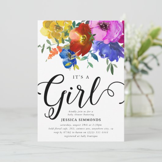 Het is een Girl Bright & Bold Florals Baby shower Kaart (Staand voorkant)