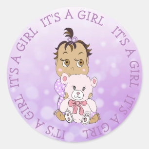 Het is een Girl Cute Baby en Teddy Bear Ronde Sticker