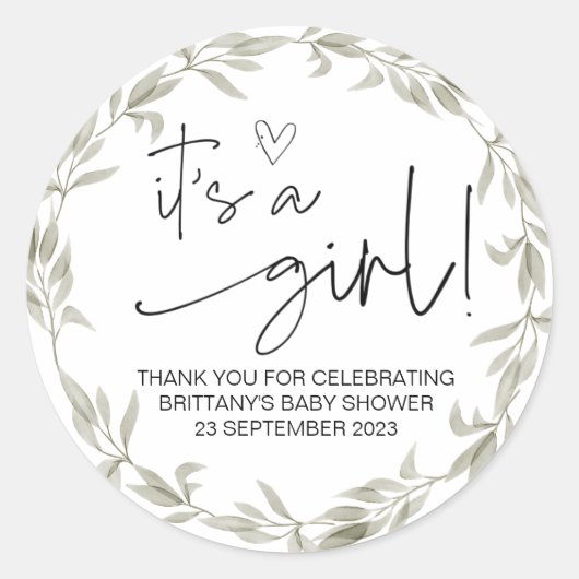  Het is een Girl Cute Baby shower Favor Greenery Ronde Sticker (Voorkant)