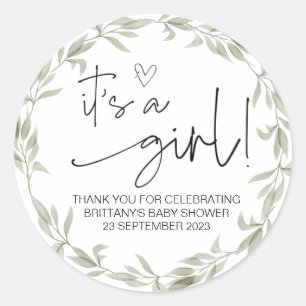 Het is een Girl Cute Baby shower Favor Greenery Ronde Sticker