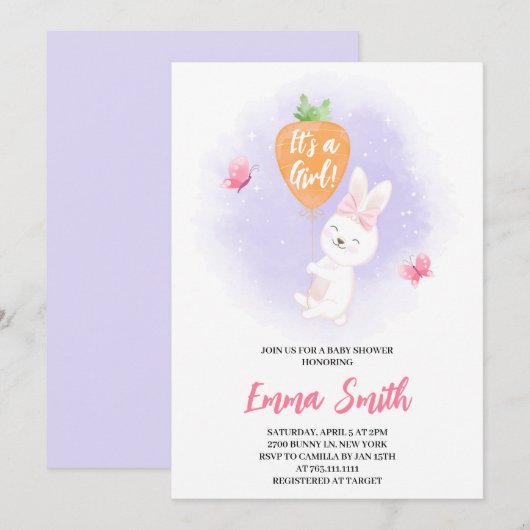 Het is een Girl Cute Bunny Baby shower Kaart (Voorkant / Achterkant)