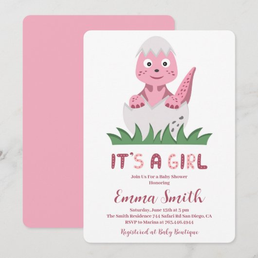 Het is een Girl Cute Dinosaur Baby shower Uitnodig Kaart (Voorkant / Achterkant)