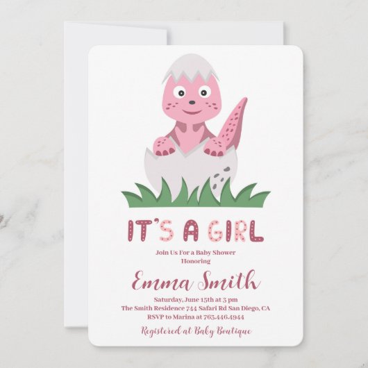 Het is een Girl Cute Dinosaur Baby shower Uitnodig Kaart (Voorkant)