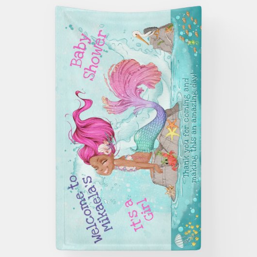 Het is een Girl Dark Skin Pink Mermaid Baby shower Spandoek (Verticaal)