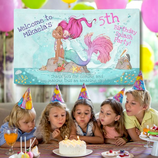 Het is een Girl Dark Skin Pink Mermaid Baby shower Spandoek