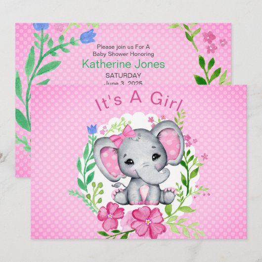 Het is een Girl Elephant Baby shower Invitation Kaart (Voorkant / Achterkant)