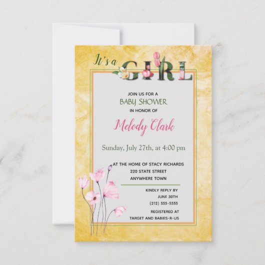 Het is een Girl Floral Alphabet Baby shower Uitnod Kaart (Voorkant)