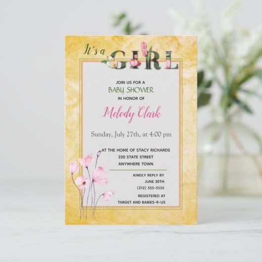 Het is een Girl Floral Alphabet Baby shower Uitnod Kaart (Staand voorkant)