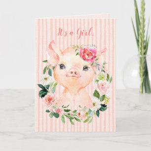 Het is een Girl Floral Pig Baby shower Card Kaart
