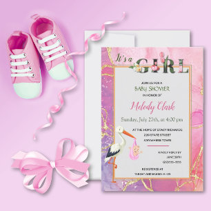 Het is een Girl Floral Stork Baby shower Uitnodigi Kaart