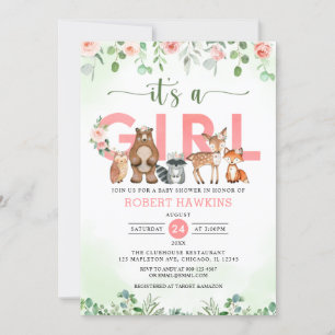 Het is een Girl Forest Woodland Animals baby showe Kaart