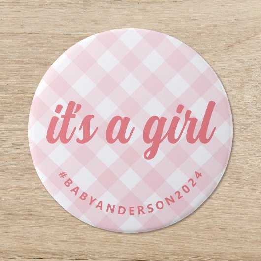 Het is een Girl Gingham Baby shower Ronde Button 7,6 Cm