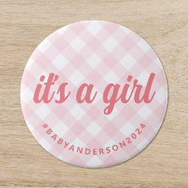 Het is een Girl Gingham Baby shower Ronde Button 7,6 Cm