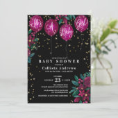 Het is een Girl Glitter Balloons Floral Baby showe Kaart (Staand voorkant)