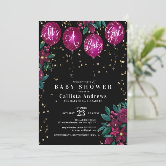 Het is een Girl Glitter Balloons Floral Baby showe Kaart (Staand voorkant)