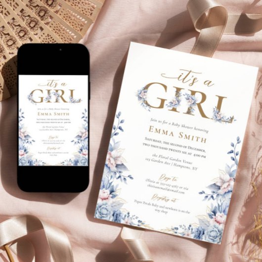 Het is een Girl Gold Blue rozen Baby shower Kaart