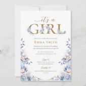 Het is een Girl Gold Blue rozen Baby shower Kaart (Voorkant)