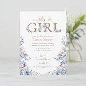 Het is een Girl Gold Blue rozen Baby shower Kaart (Staand voorkant)