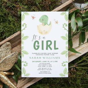 Het is een Girl Green Dinosaur Waterverf Baby show Kaart