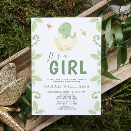 Het is een Girl Green Dinosaur Waterverf Baby show Kaart