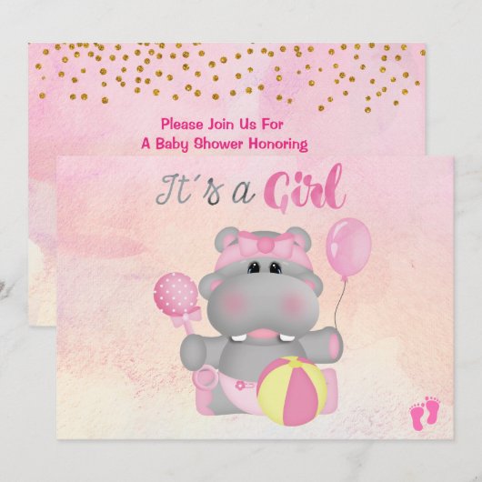 Het is een Girl Hippo Baby shower Invitation Kaart (Voorkant / Achterkant)