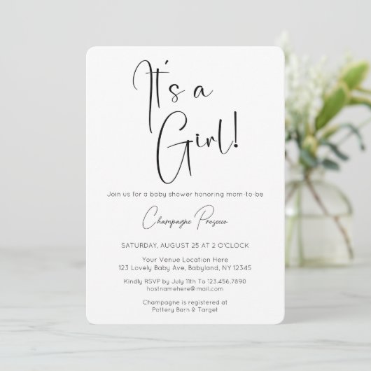 Het is een Girl Modern Script Baby shower Invitati Kaart (Staand voorkant)
